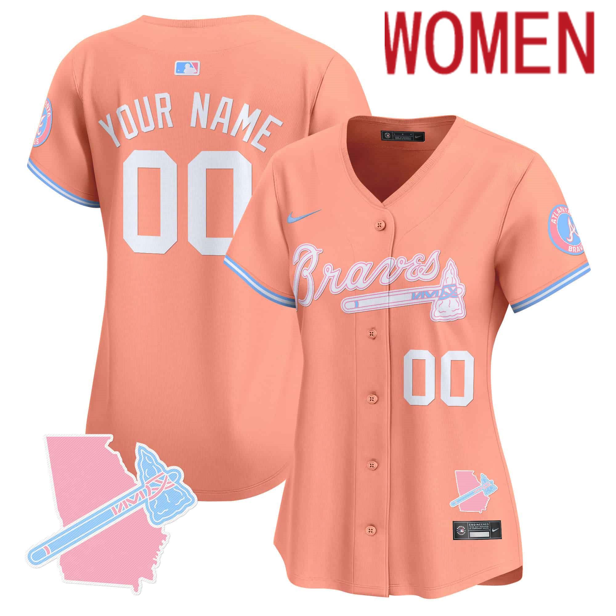 Women Atlanta Braves Orange 2024 Nike Bubblegum Pink Vapor Premier Limited Custom MLB Jersey